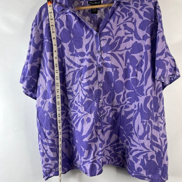 Maggie Barnes Womens Linen Button Up Shirt Size 3X Purple Floral Short Sleeve - Picture 6 of 8